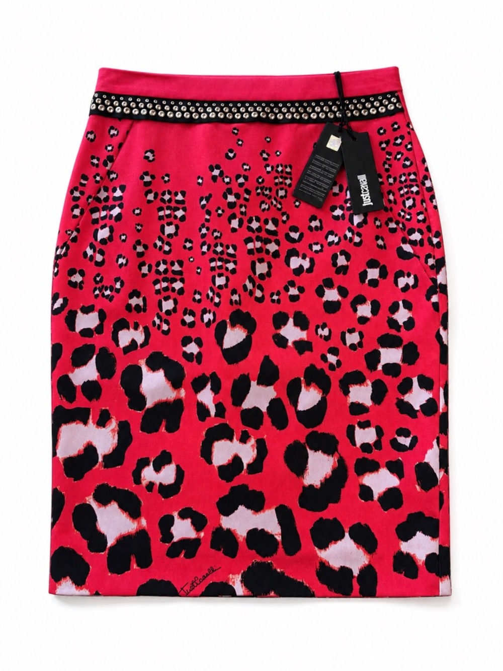 Just Cavalli Pink and Black Leopard-Print Pencil Skirt with Studded Waist